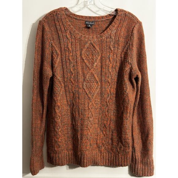 Eddie Bauer Sweater Sz L Orange Brown Wool Blend Cable Knit Cottage Retro Fall - Picture 1 of 8